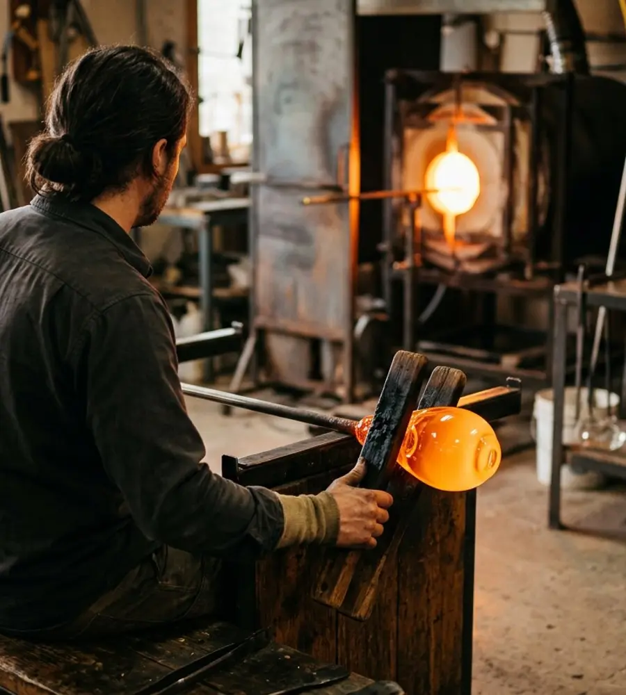 The artist shaping a glowing piece of glass at the bench