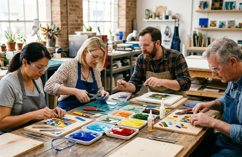 Students learning glass fusing at a studio table